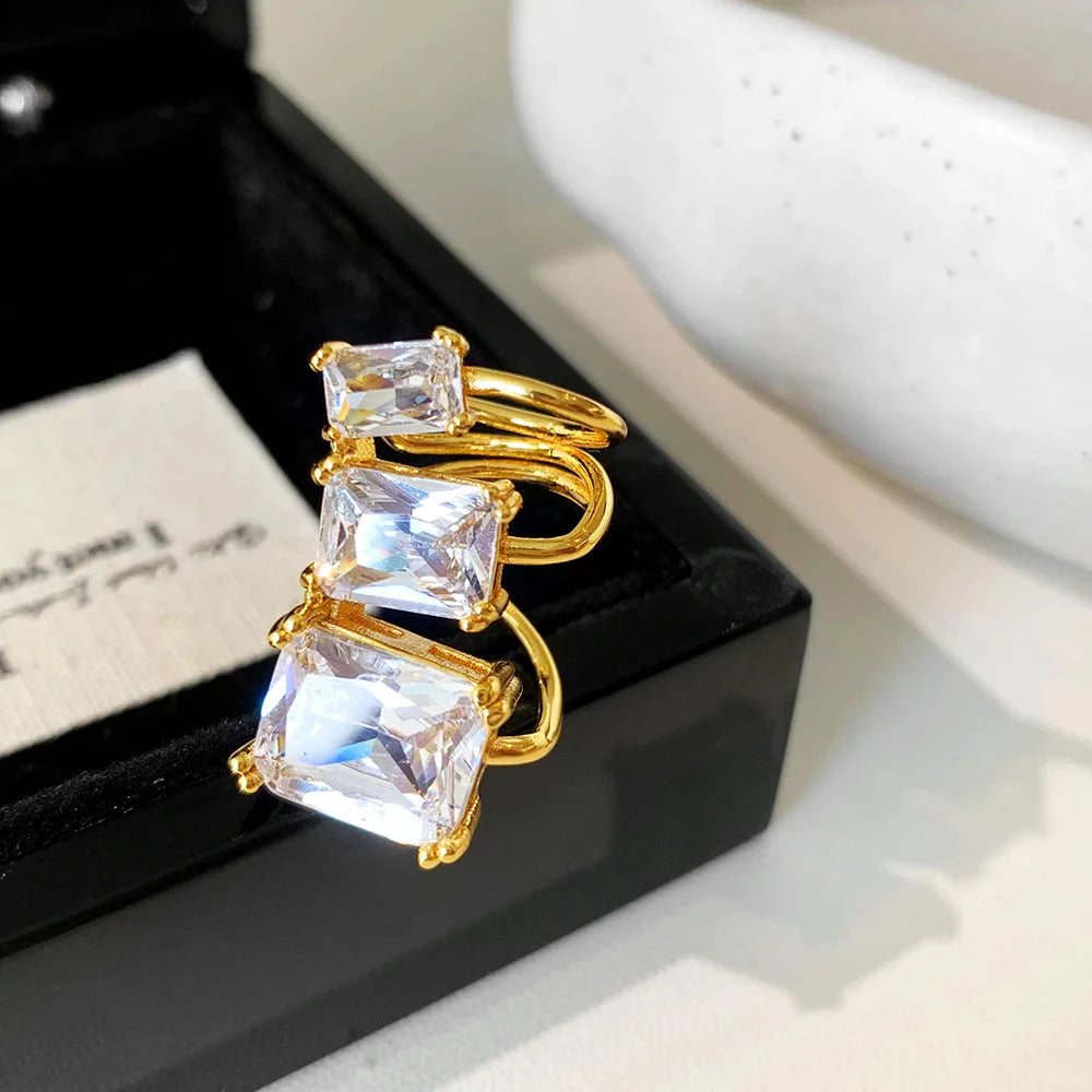 Trendy Geometric Zircon Ear Cuff Fashion Jewelry Square White Crystal Non-Pierced Stud Cuff Earrings