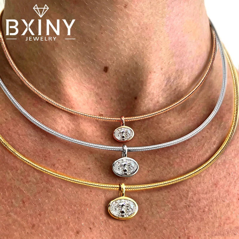 BXINY 2-4carat East West Oval Cut Moissanite Collar Choker Necklace S925 Silver Bezel Set Solitaire Diamond Pendant Gift Jewelry