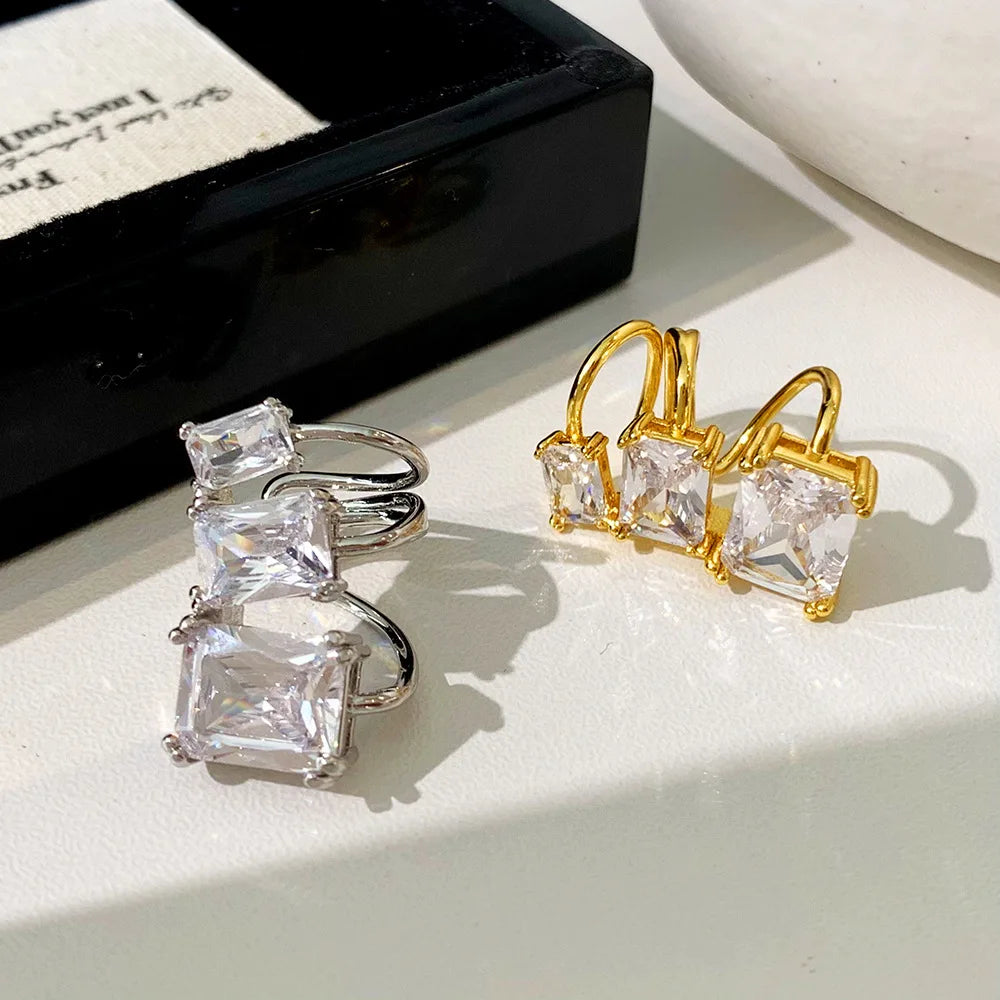 Trendy Geometric Zircon Ear Cuff Fashion Jewelry Square White Crystal Non-Pierced Stud Cuff Earrings
