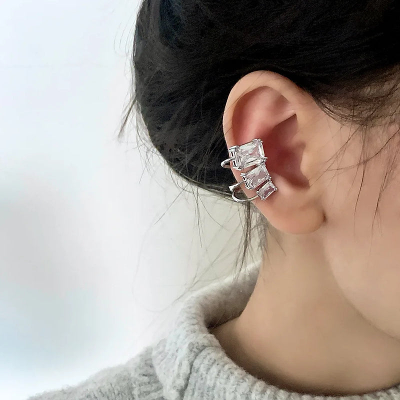 Trendy Geometric Zircon Ear Cuff Fashion Jewelry Square White Crystal Non-Pierced Stud Cuff Earrings
