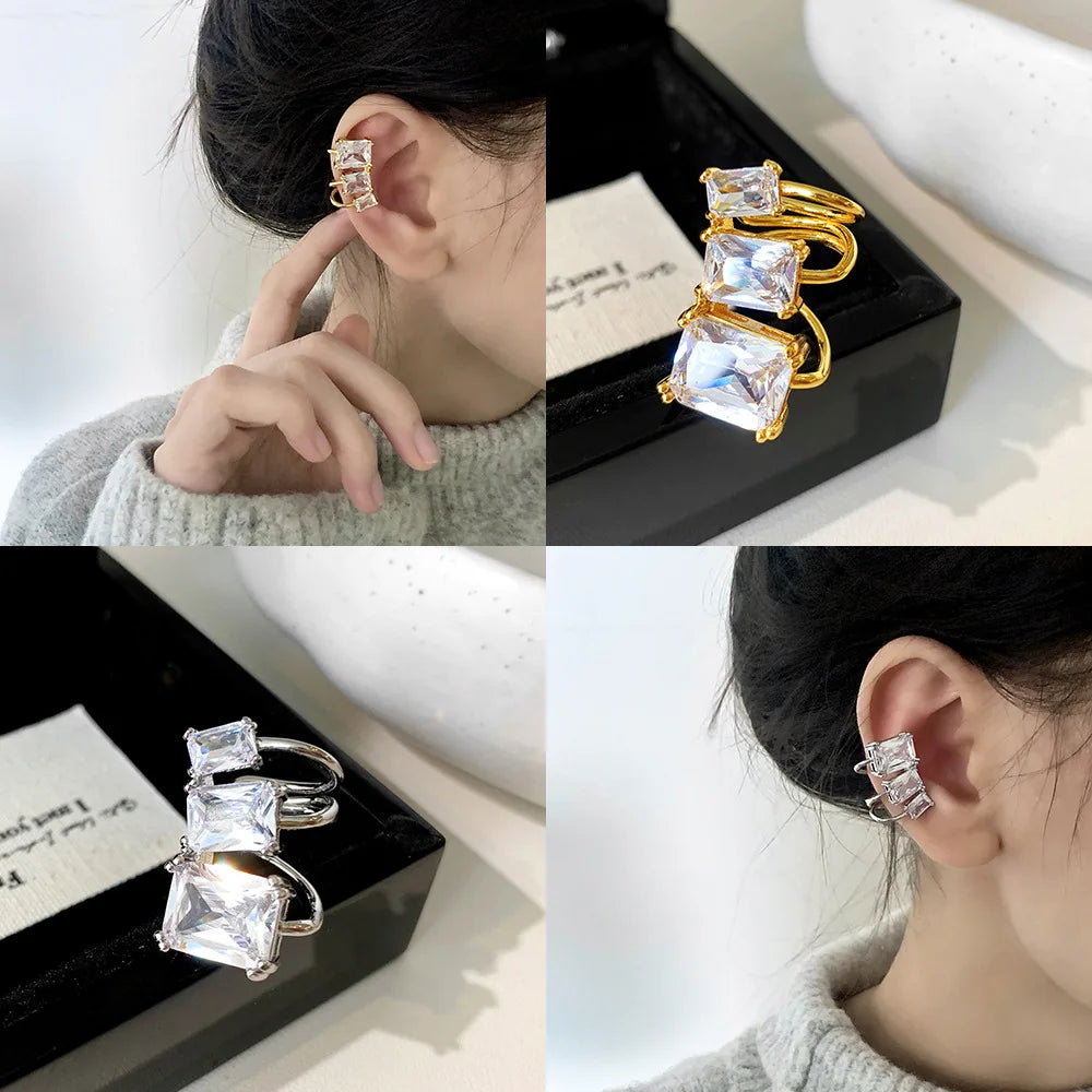 Trendy Geometric Zircon Ear Cuff Fashion Jewelry Square White Crystal Non-Pierced Stud Cuff Earrings