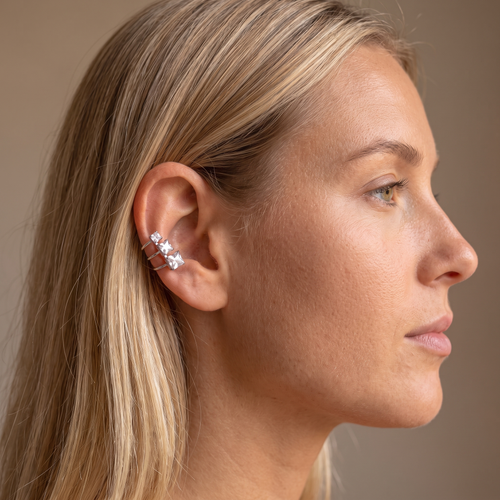 Model wearing the silver Crystal Square Ear Cuff in profile