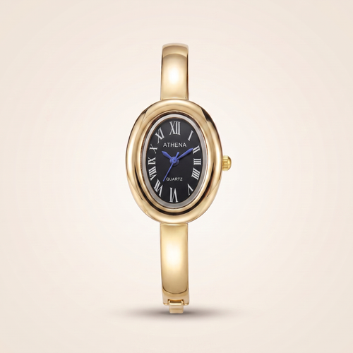 Athena Watch in gold with a black dial and Roman numerals