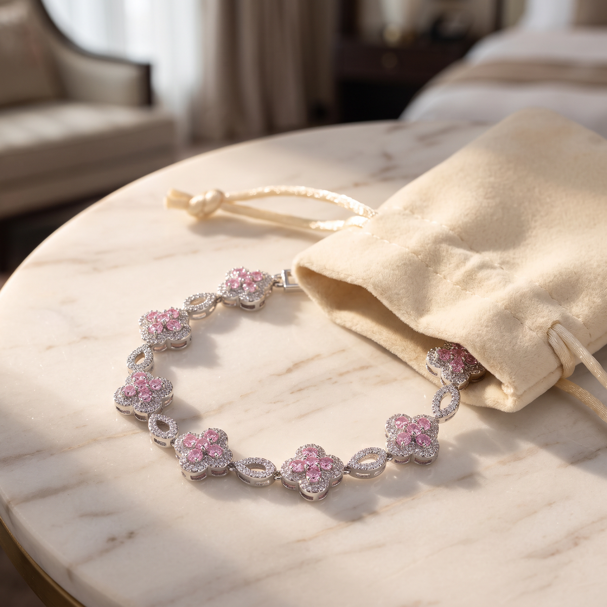 Belle Fleur Crystal Bracelet on marble with its jewellery pouch